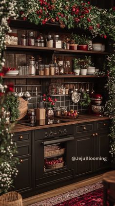 a kitchen filled with lots of pots and pans on top of wooden shelves next to plants