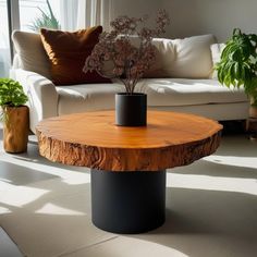 a wooden table sitting in front of a couch next to potted plants on the floor