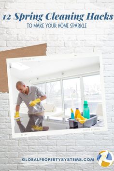 a man is cleaning the floor in his house with yellow rubber gloves and sponges