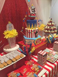 a circus themed dessert table with cupcakes and cookies