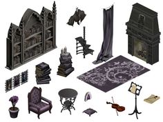 an assortment of furniture and accessories are arranged in the shape of a bookcase, chair, piano, fireplace, bookshelf, table, desk, mirror, and other items