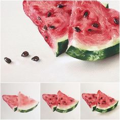 watermelon slices cut in half and placed on top of each other with seeds