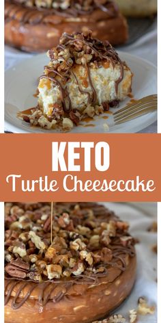 keto turtle cheesecake with chocolate sauce and pecans