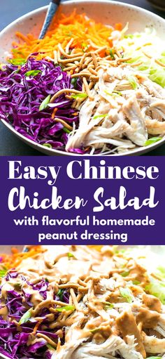 chicken salad with colorful cabbage and peanut dressing