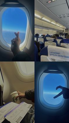 the inside of an airplane with blue sky and clouds seen through the window, while someone holds their hand up in the air