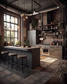 an industrial style kitchen with brick walls and flooring, two stools at the island