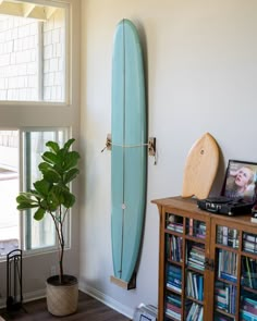 a blue surfboard mounted to the wall next to a potted plant and bookshelf