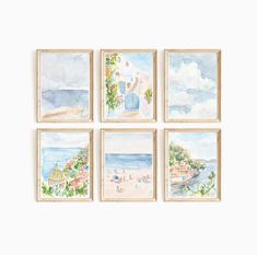 four watercolor paintings hanging on a wall next to each other, one with a beach scene