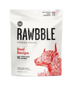 rawble freeze - dried beef recipe dog food pouch on white background with clipping