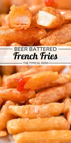 beer battered french fries on a plate with ketchup