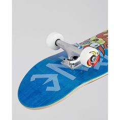 a blue skateboard with an arrow pointing to the left and cartoon character on it