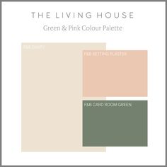 Farrow and Ball Dimity colour palette with Setting Plaster and Card Room Green. These colours all pair beautifully together to create a well designed room. interior colour palette inspiration | interior design colour schemes #thelivinghouse Green Pink Hallway, Farrow And Ball Bedroom Setting Plaster, Setting Plaster Farrow And Ball Dining Room, Setting Plaster Farrow And Ball Nursery, Setting Plaster And Green Kitchen, Setting Plaster Color Palette, Pink And Green Interiors Colour Palettes, Farrow And Ball Pink Living Room, Farrow And Ball House Colour Schemes