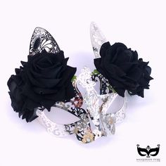 Sophisticated silver metal bunny masquerade mask embellished with elegant black roses, perfect for creating a mysterious and enchanting look at any masquerade or costume event. Age Group/Gender - Adult/Female Size/Type - One size fits all adults Mask Color - Silver / Black Mask Material - Laser-cut metal Special Features - Fabric Roses Personalization - Not available Bunny Masquerade Mask, Kids Party Packs, Mardi Gras Kid, Bunny Mask, Female Mask, Laser Cut Metal, Black Roses, Fabric Roses, Masquerade Mask