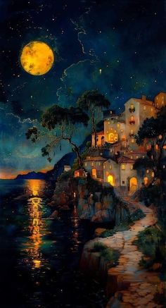 an oil painting of a night scene with the moon rising over a house on a cliff