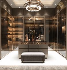 an elegant walk - in closet with glass doors and chandelier above the bench