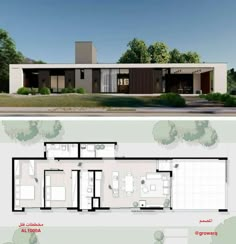 the floor plan for this modern house is shown in two different views, one with an open