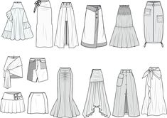 several different skirts are shown in black and white