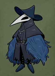 a drawing of a blue bird wearing a hat and coat with feathers on it's head