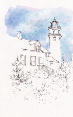 a drawing of a lighthouse on top of a hill