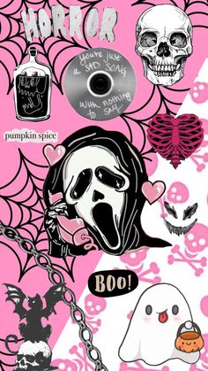 various halloween stickers on a pink background