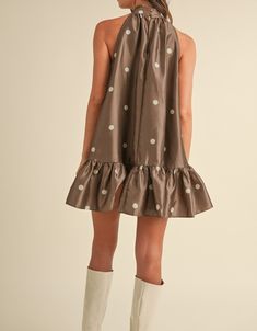 Get ready to turn some heads in this playful polka dot dress! With a sleeveless design and tiered ruffle hem, you'll be the life of the party. The neckline button closure adds a unique touch, while the lining ensures comfort. Time to bring out your inner fashionista (or dancer)! Brown Color Dress, Sorority Dresses, Polka Dot Dresses, Sparkly Dresses, Halter Neck Mini Dress, Dressy Shirts, Halter Neck Dress, Fall Dress, Life Of The Party