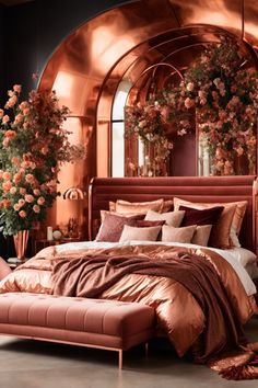 Step into a dreamy copper-infused bedroom, showcasing copper wall decor that radiates luxury. The copper arched mirrors, perfectly framed by floral cascades, create an irresistible allure. A sumptuous bed dressed in silky copper linens anchors the space, complemented by a velvet chaise lounge and copper side tables. This bedroom is a tribute to exquisite elegance and romance. King Size Bed Designs