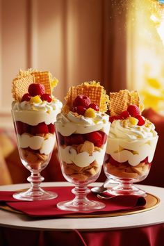 three glasses filled with dessert sitting on top of a table