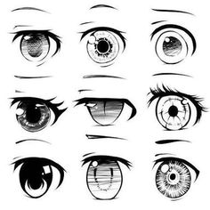 an image of different types of eyeballs in the style of anime eyes, drawn by hand