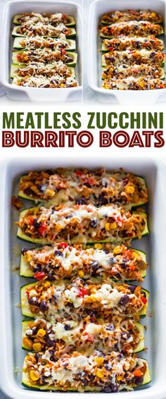 four images showing the steps to make meatless zucchini burrito boats