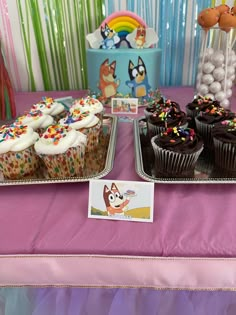 there are cupcakes and cake on the table at this children's birthday party