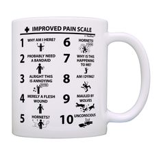 a white coffee mug with instructions on how to improve pain scale