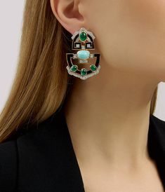 Cabochon emeralds and turquoise, brilliant-cut diamonds, black enamel, 18K gold, and platinum Enamel Fine Jewelry, Minimalist Jewlery, Couture Earrings, Diamond Jewlery, Luxurious Earrings, Baguette Diamond Wedding Band, Color Stones Jewelry, Dope Jewelry Accessories, Jewellery Board