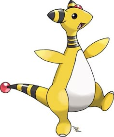 a yellow and white pokemon sitting on its back with one leg up in the air