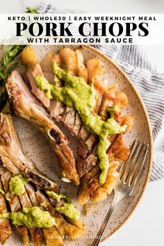 pork chops on a plate with guacamole sauce