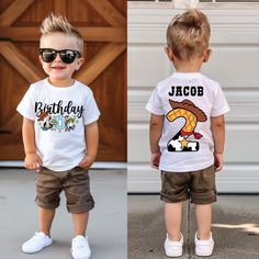 two photos of a toddler boy wearing sunglasses and a birthday t - shirt