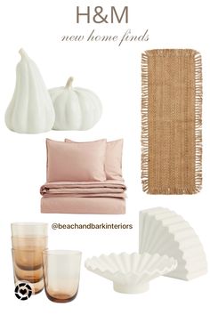 white and pink bedroom decor with text that says h & m, new home finds