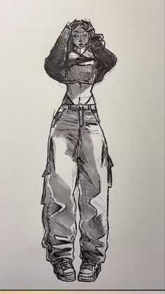 a drawing of a person in overalls with a hoodie over their head and one hand on his hip