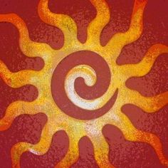 the sun is painted in red and yellow with white swirls on it's center