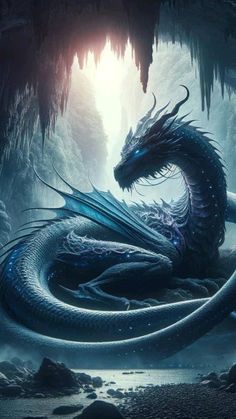 a blue dragon sitting in the middle of a cave