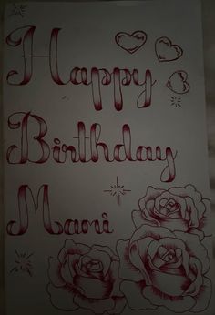 a birthday card with roses and hearts in red ink on a white sheet of paper