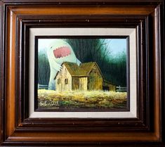 a painting of a house with a shark coming out of it's mouth in a frame