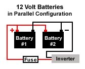 two batteries connected to one another with the words 12 volt batteries in parallel configuration