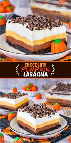 chocolate pumpkin lasagna cake with whipped cream and chocolate chips on top