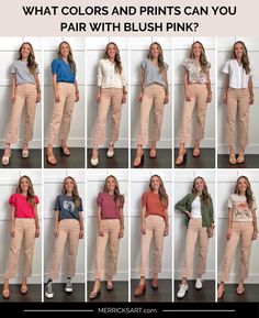 Colors That Go Well With Blush Pink - Merrick's Art Powder Pink Pants Outfit, Blush Joggers Outfit, Blush Color Combinations Outfit, Rose Color Pants Outfits, Pink Pants Combination, Blush Pants Outfit Work Wear, What Goes With Pink Pants, Mustard Top Outfit Work, Rose Colored Pants Outfit