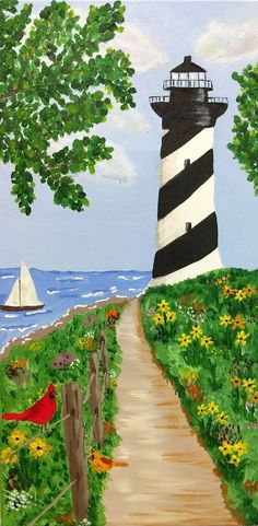 a painting of a lighthouse on the side of a road next to flowers and trees