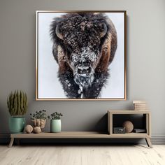 a bison is shown in this modern living room