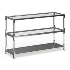 a glass and metal shelf with two shelves