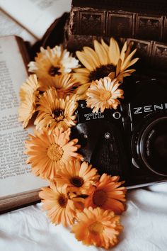 an open book, camera and flowers on a bed