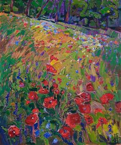 an oil painting of red flowers in a green field