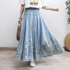 Descriptions For a fashionable look that will keep you comfortable all day long, look no further than our Floral Printed Light Blue High-Rise Denim Skirt. With its stylish print and high-rise design, this skirt is perfect for any occasion. Whether you're running errands, heading to the office, or spending a day out with friends, our skirt will keep you feeling confident and stylish. Details Silhouette: A-lineMaterial: DenimOccasion: DaytimeProcess: PrintedApparel Closure Type: ElasticRise Style: High WaistTheme: Summer, Spring, AutumnColor: BlueSize: One Size Size Chart Length: 88-90 cm/ 31.50-35.43 ''Waist: 70-95 cm/ 27.56-37.40 ''Hem: 600 cm/ 236.22 '' High Rise Denim Skirt, Blue Floral Skirt, Feeling Confident, Comfortable Flats, High Rise Denim, Bag Dress, Cardigan Jacket, British Indian, Floral Printed